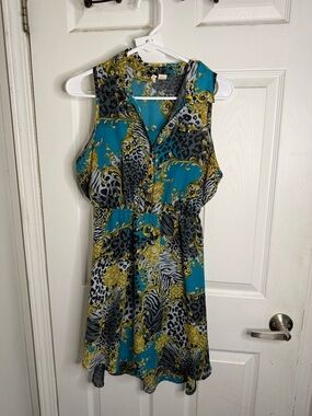 Red Camel Teal & Gold Baroque Animal-Print Mini Dress